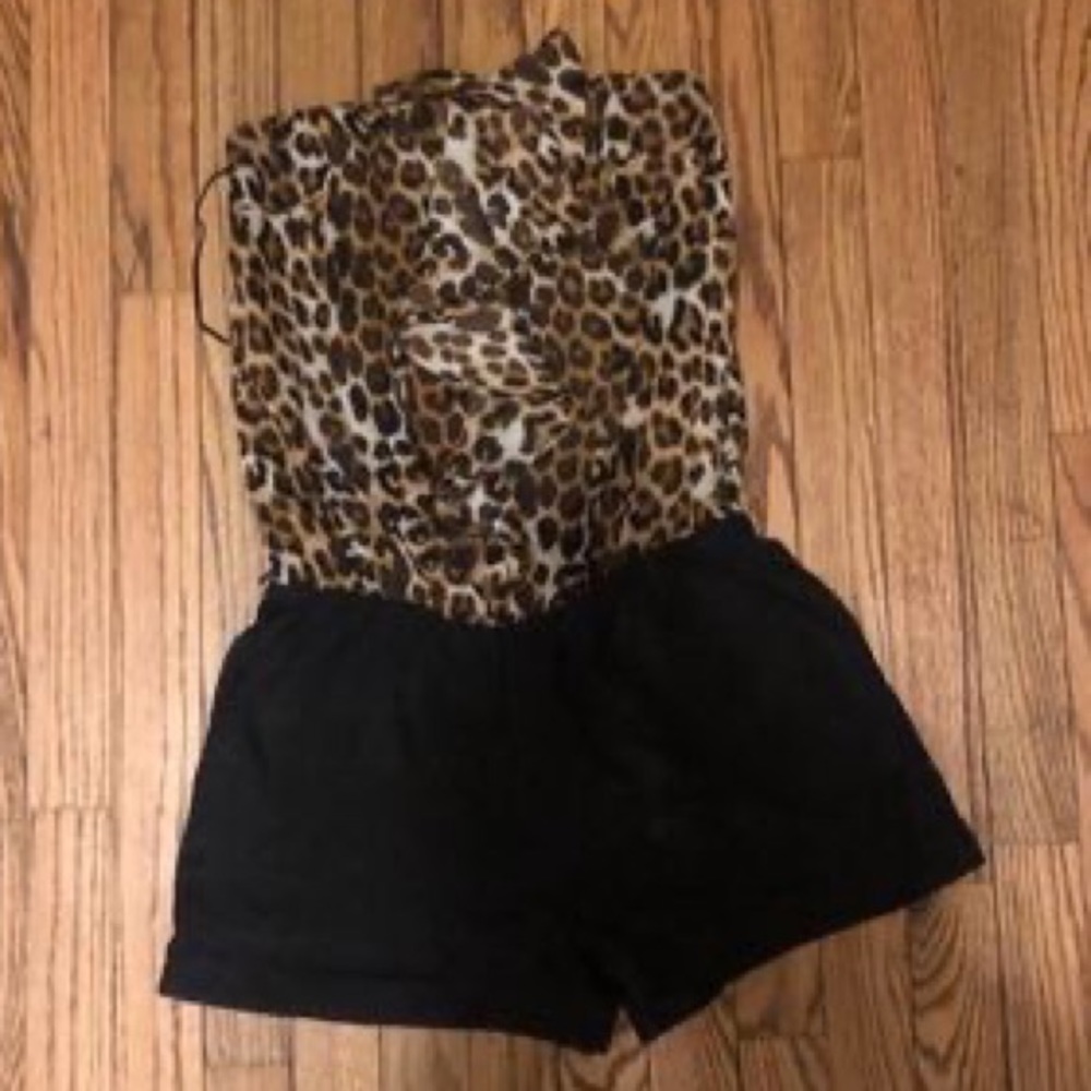 Express Leopard Print Strapless Romper With Front… - image 1